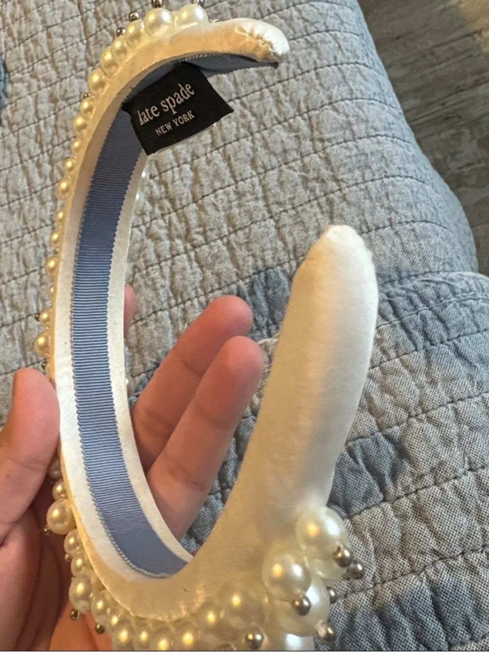 kate spade Pearl Cluster White Satin Headband with Gold Bead Accents